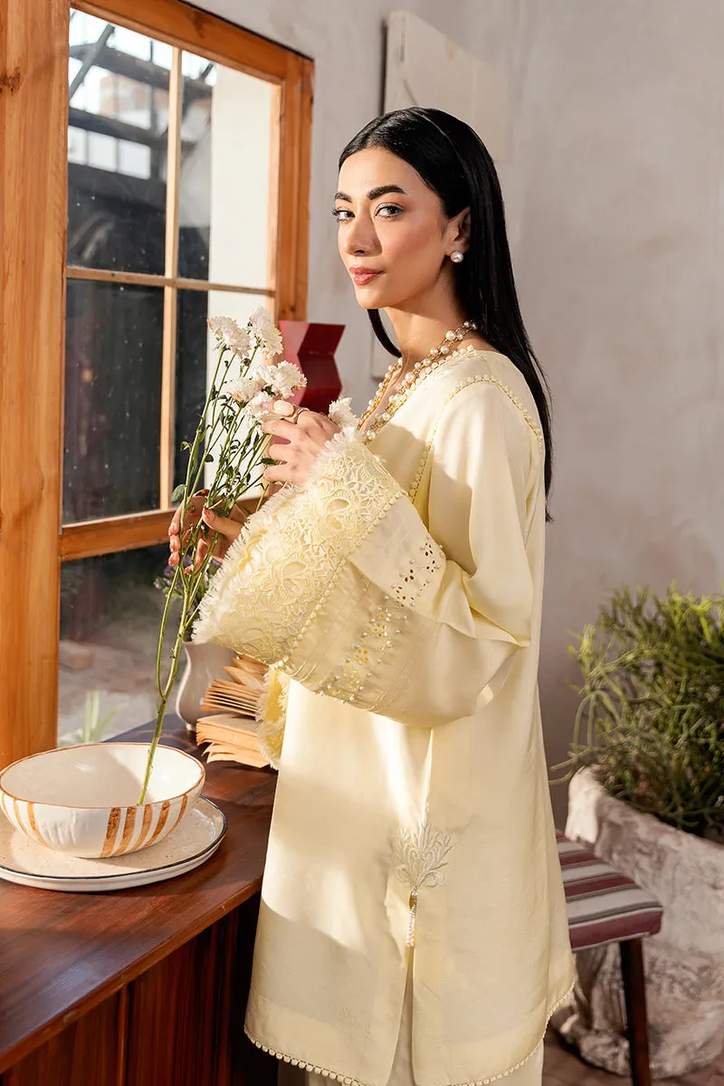 Short Pastel Yellow Korean Silk Shirt with Pearl Embroidery and Organza Dupatta.