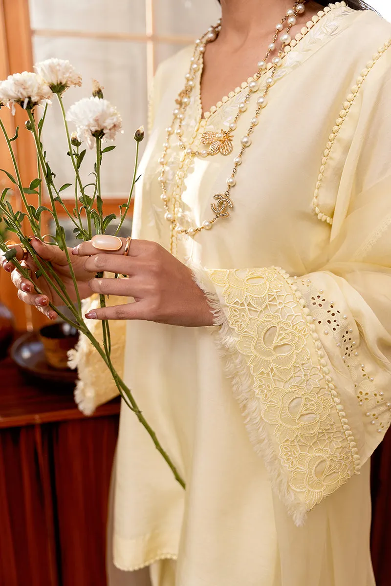 Short Pastel Yellow Korean Silk Shirt with Pearl Embroidery and Organza Dupatta.