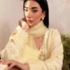 Short Pastel Yellow Korean Silk Shirt with Pearl Embroidery and Organza Dupatta.