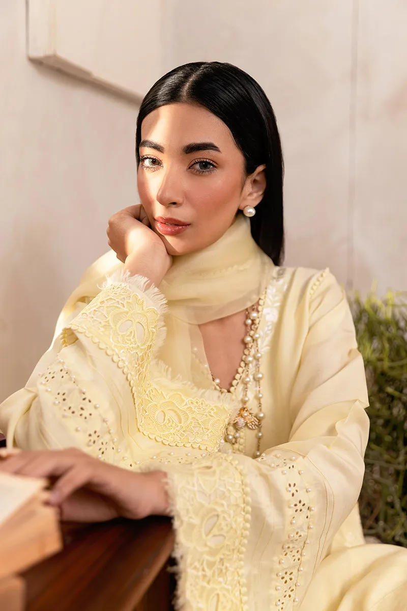 Short Pastel Yellow Korean Silk Shirt with Pearl Embroidery and Organza Dupatta.