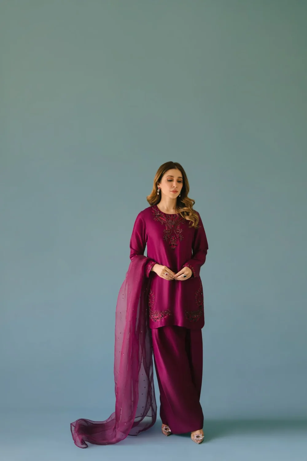 Deep Plum Pure Raw Silk Short Shirt with Hand-Embellished Neckline and Farshi Shalwar.