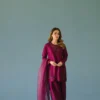 Deep Plum Pure Raw Silk Short Shirt with Hand-Embellished Neckline and Farshi Shalwar.