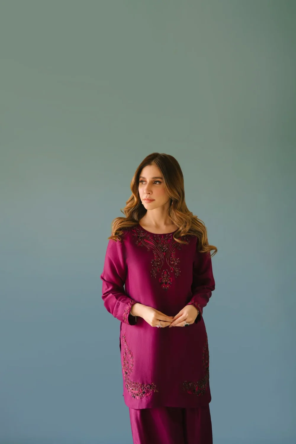 Deep Plum Pure Raw Silk Short Shirt with Hand-Embellished Neckline and Farshi Shalwar.