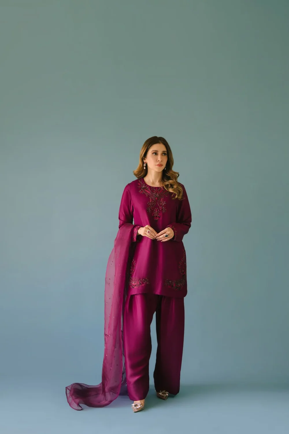 Deep Plum Pure Raw Silk Short Shirt with Hand-Embellished Neckline and Farshi Shalwar.
