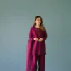 Deep Plum Pure Raw Silk Short Shirt with Hand-Embellished Neckline and Farshi Shalwar.