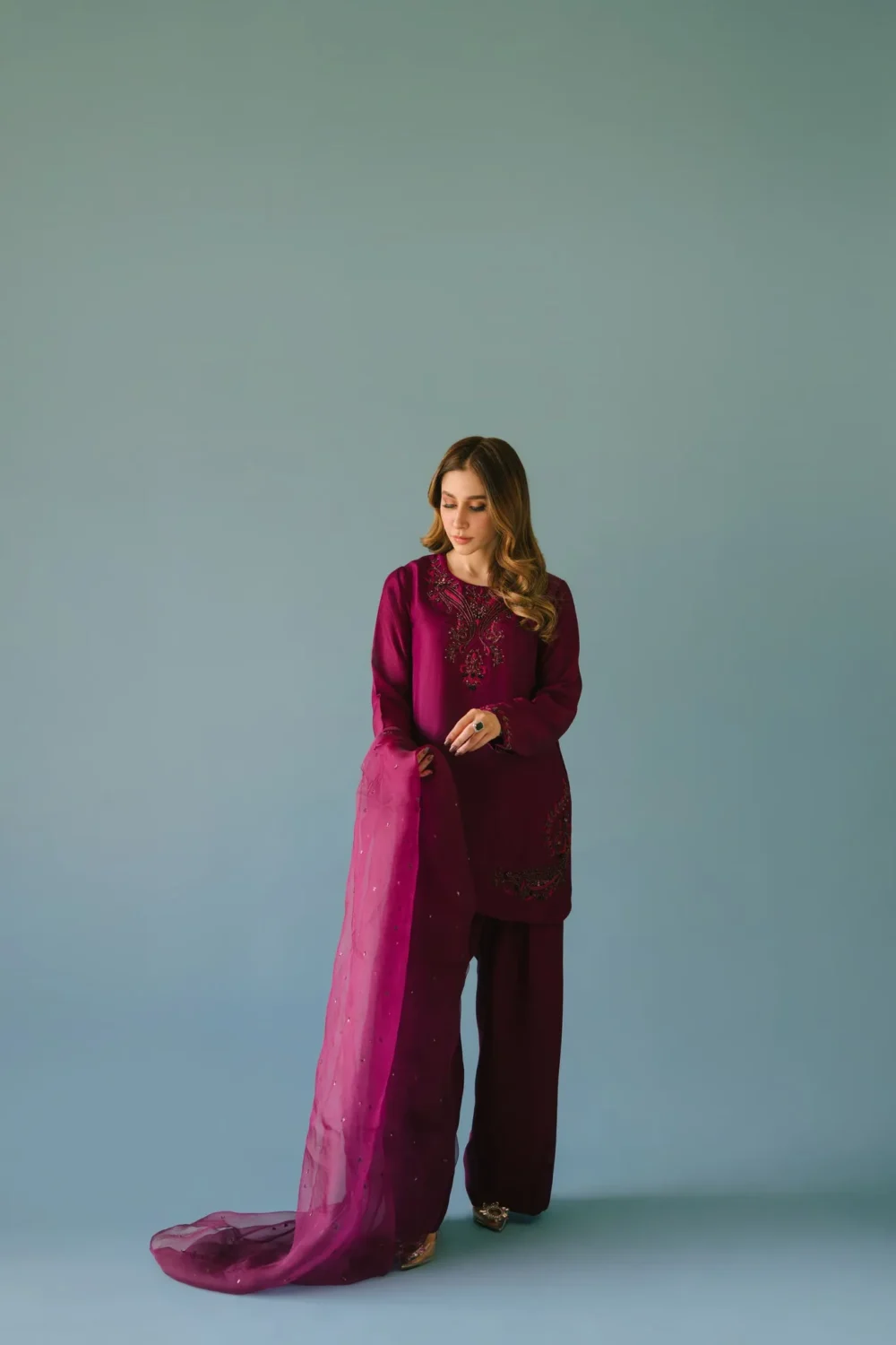 Deep Plum Pure Raw Silk Short Shirt with Hand-Embellished Neckline and Farshi Shalwar.