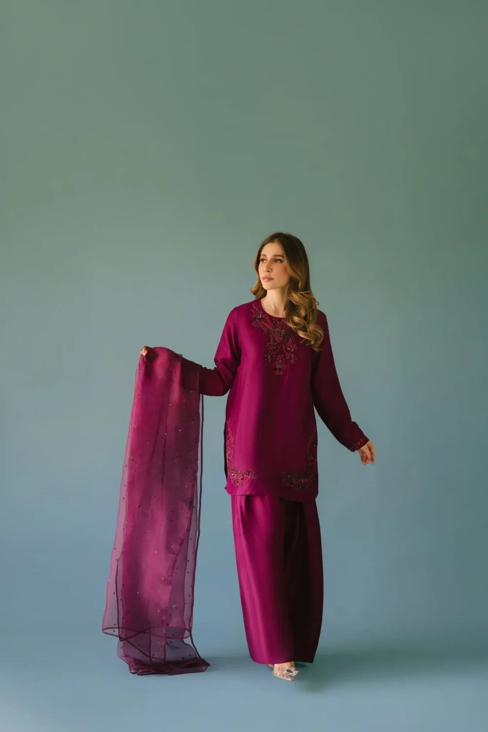 Deep Plum Pure Raw Silk Short Shirt with Hand-Embellished Neckline and Farshi Shalwar.