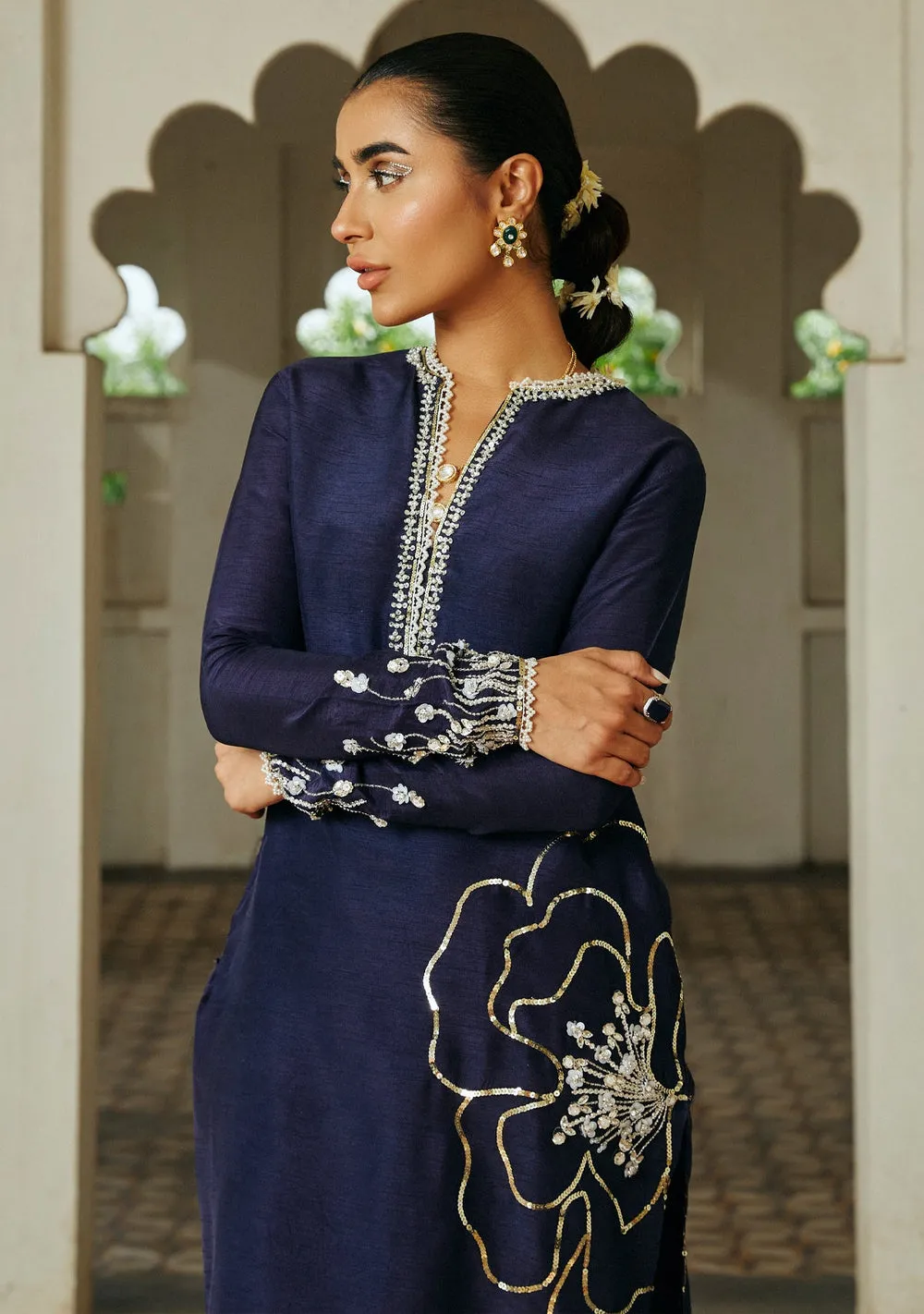 Eid Eggplant Column Shirt with delicate handwork neckline and statement floral waist detail by Hammad Bespoke Official for 2026.