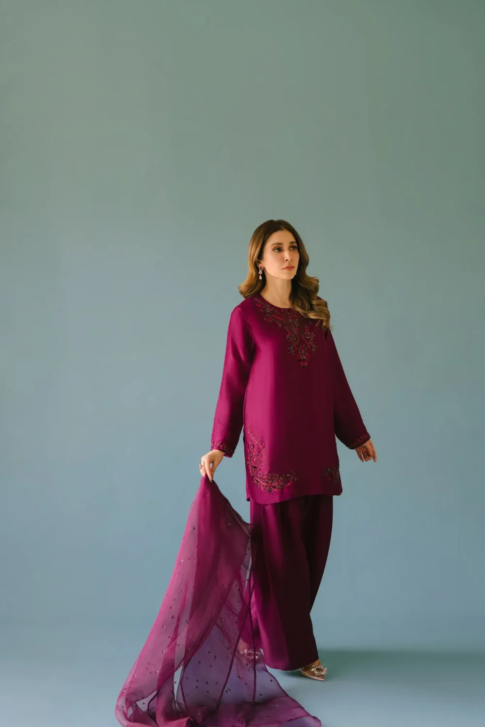 Deep Plum Pure Raw Silk Short Shirt with Hand-Embellished Neckline and Farshi Shalwar.
