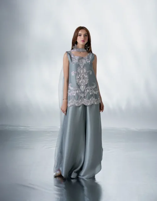 Eid Grey Raw Silk Set featuring white resham embroidery and uncut crystal embellishments by Hammad Bespoke Official for 2026.