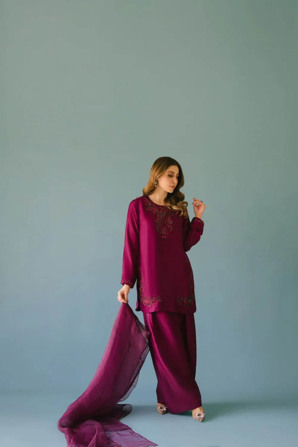 Deep Plum Pure Raw Silk Short Shirt with Hand-Embellished Neckline and Farshi Shalwar.