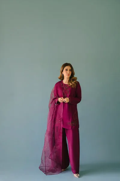 Deep Plum Pure Raw Silk Short Shirt with Hand-Embellished Neckline and Farshi Shalwar.