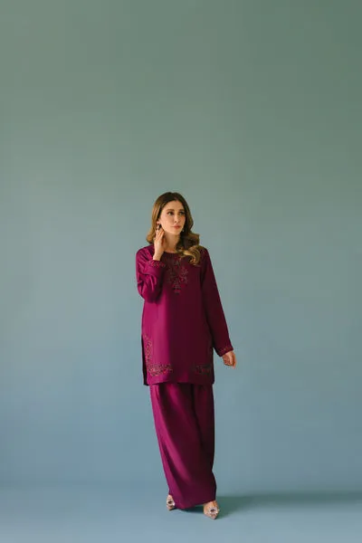 Deep Plum Pure Raw Silk Short Shirt with Hand-Embellished Neckline and Farshi Shalwar.