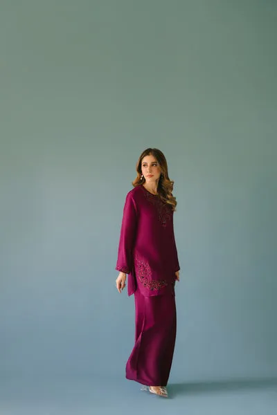 Deep Plum Pure Raw Silk Short Shirt with Hand-Embellished Neckline and Farshi Shalwar.