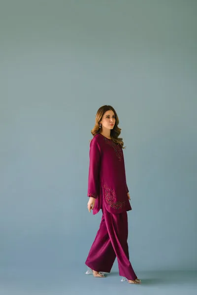 Deep Plum Pure Raw Silk Short Shirt with Hand-Embellished Neckline and Farshi Shalwar.