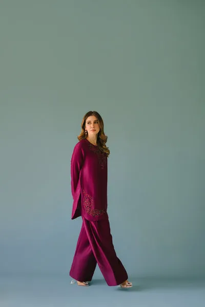 Deep Plum Pure Raw Silk Short Shirt with Hand-Embellished Neckline and Farshi Shalwar.