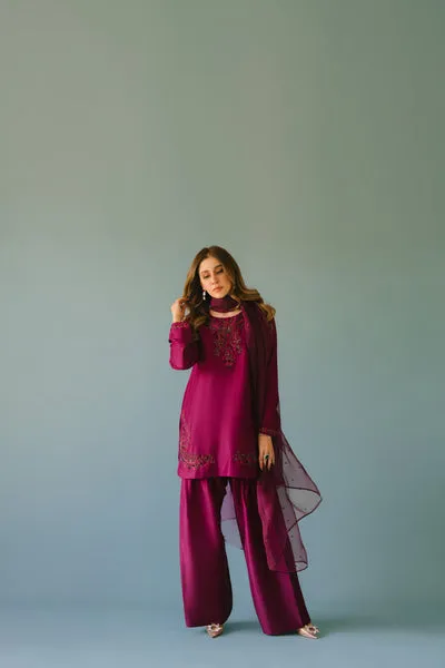 Deep Plum Pure Raw Silk Short Shirt with Hand-Embellished Neckline and Farshi Shalwar.