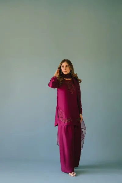 Deep Plum Pure Raw Silk Short Shirt with Hand-Embellished Neckline and Farshi Shalwar.