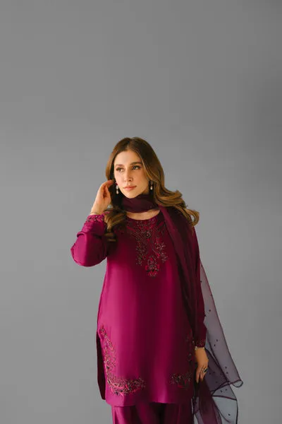 Deep Plum Pure Raw Silk Short Shirt with Hand-Embellished Neckline and Farshi Shalwar.