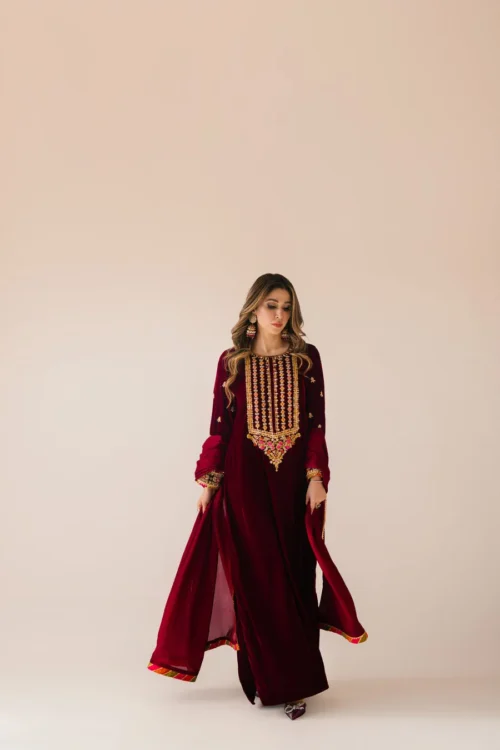 Deep Plum Long Velvet Maxi with Kora Dabka Embellishment and Silk Dupatta.