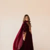 Deep Plum Long Velvet Maxi with Kora Dabka Embellishment and Silk Dupatta.