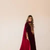 Deep Plum Long Velvet Maxi with Kora Dabka Embellishment and Silk Dupatta.