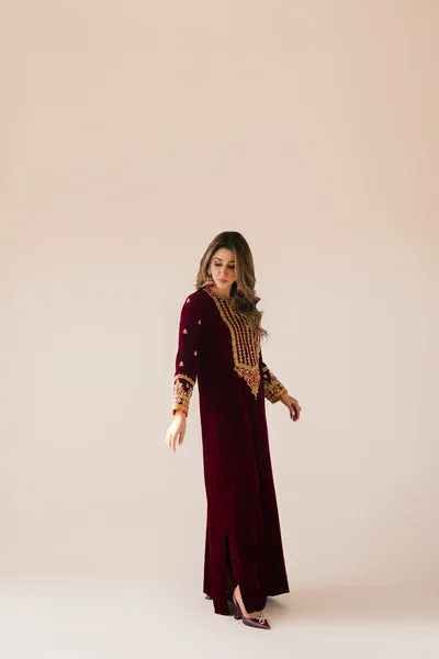 Deep Plum Long Velvet Maxi with Kora Dabka Embellishment and Silk Dupatta.