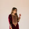 Deep Plum Long Velvet Maxi with Kora Dabka Embellishment and Silk Dupatta.