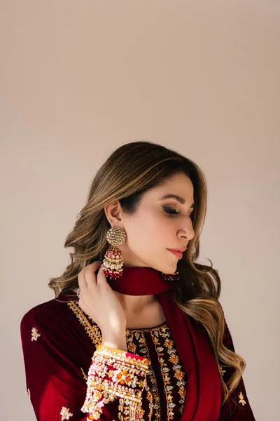 Deep Plum Long Velvet Maxi with Kora Dabka Embellishment and Silk Dupatta.