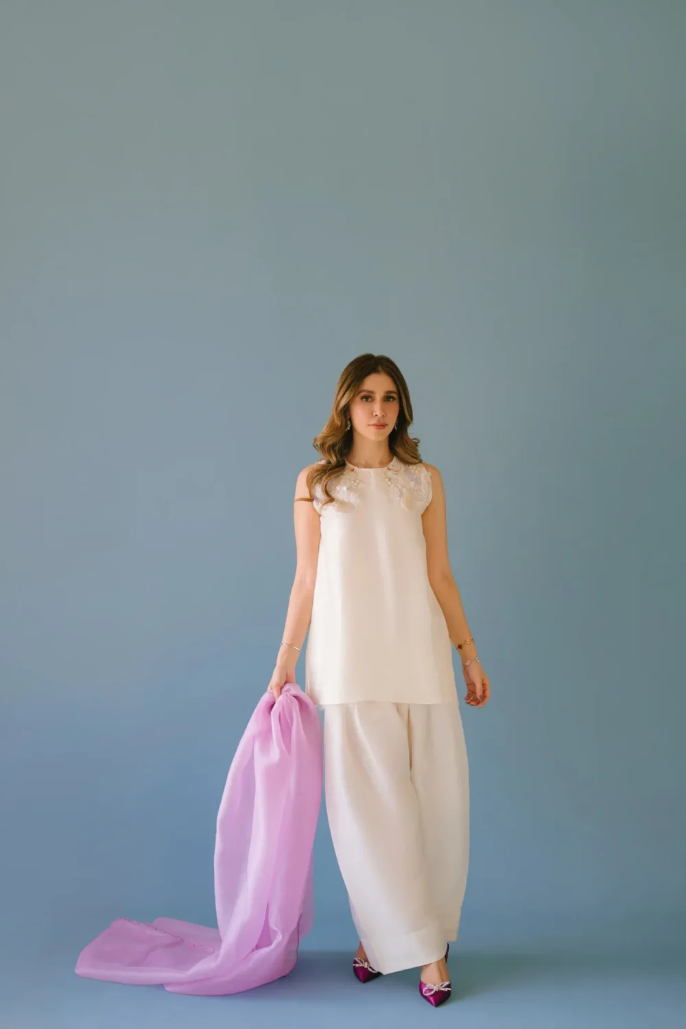 Lavender Pure Raw Silk Short Shirt with 3D Shoulder Embellishments and Scalloped Organza Dupatta.