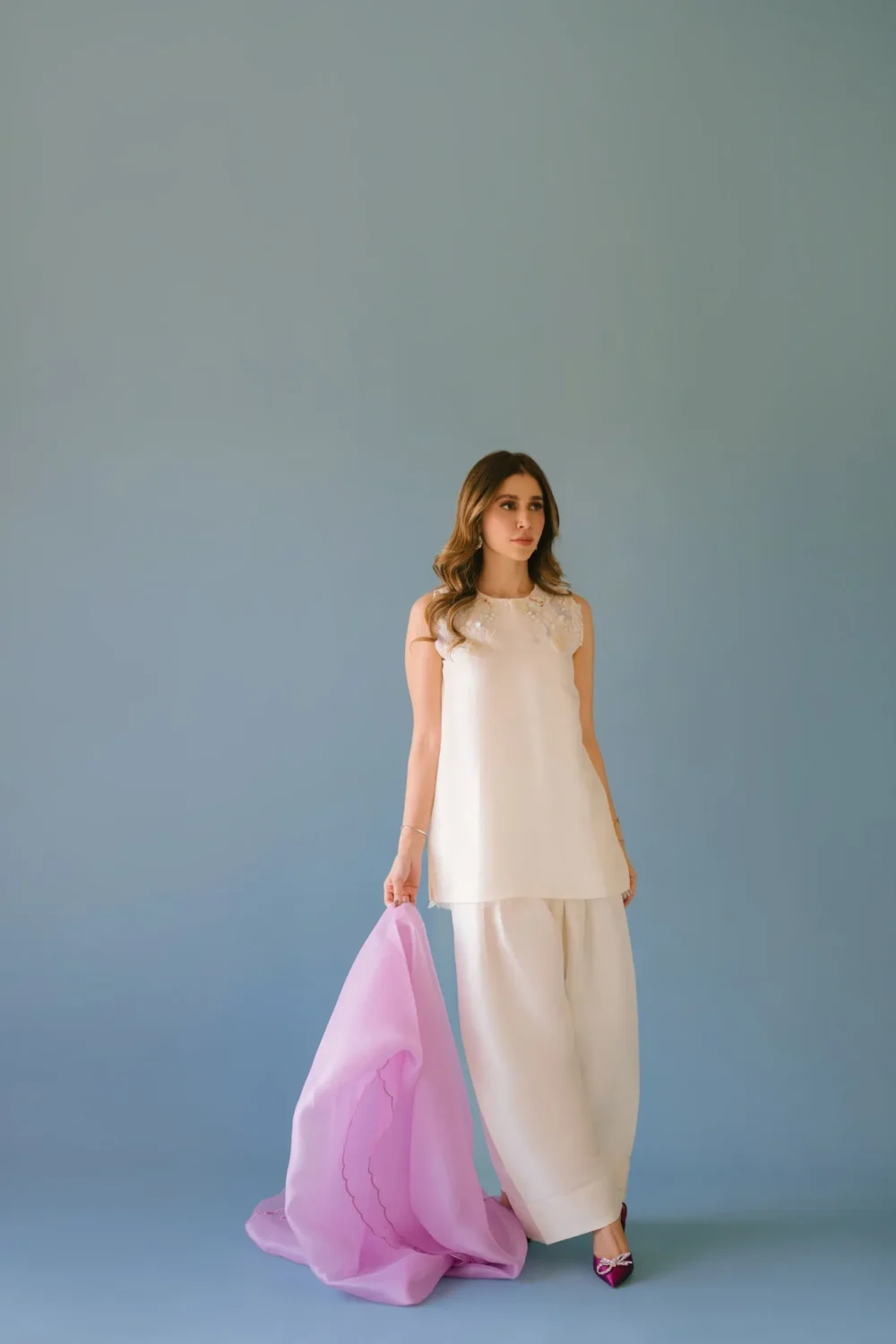 Lavender Pure Raw Silk Short Shirt with 3D Shoulder Embellishments and Scalloped Organza Dupatta.