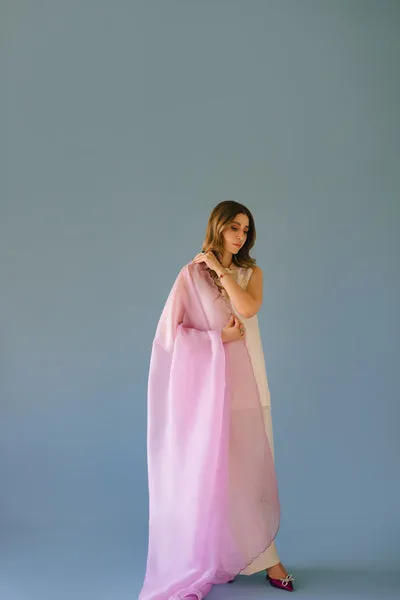 Lavender Pure Raw Silk Short Shirt with 3D Shoulder Embellishments and Scalloped Organza Dupatta.