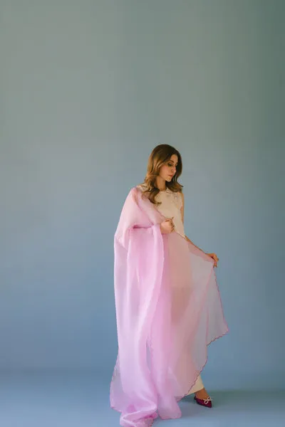 Lavender Pure Raw Silk Short Shirt with 3D Shoulder Embellishments and Scalloped Organza Dupatta.