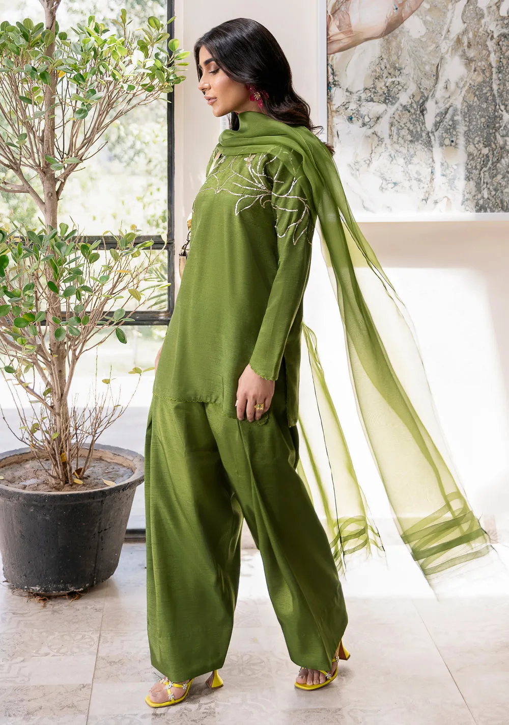 Eid Olive Silk Shalwar Kameez with gold pitta floral motif on bamber raw silk by Hammad Bespoke Official for 2026.