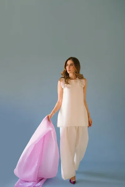 Lavender Pure Raw Silk Short Shirt with 3D Shoulder Embellishments and Scalloped Organza Dupatta.