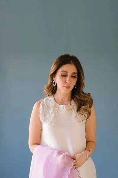 Lavender Pure Raw Silk Short Shirt with 3D Shoulder Embellishments and Scalloped Organza Dupatta.