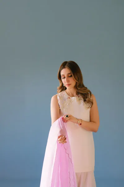 Lavender Pure Raw Silk Short Shirt with 3D Shoulder Embellishments and Scalloped Organza Dupatta.