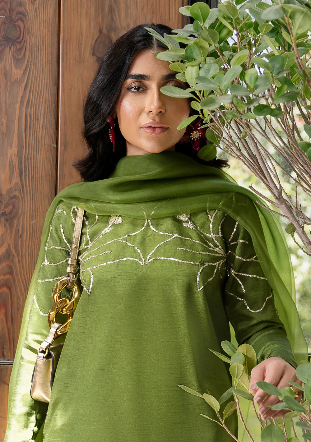 Eid Olive Silk Shalwar Kameez with gold pitta floral motif on bamber raw silk by Hammad Bespoke Official for 2026.