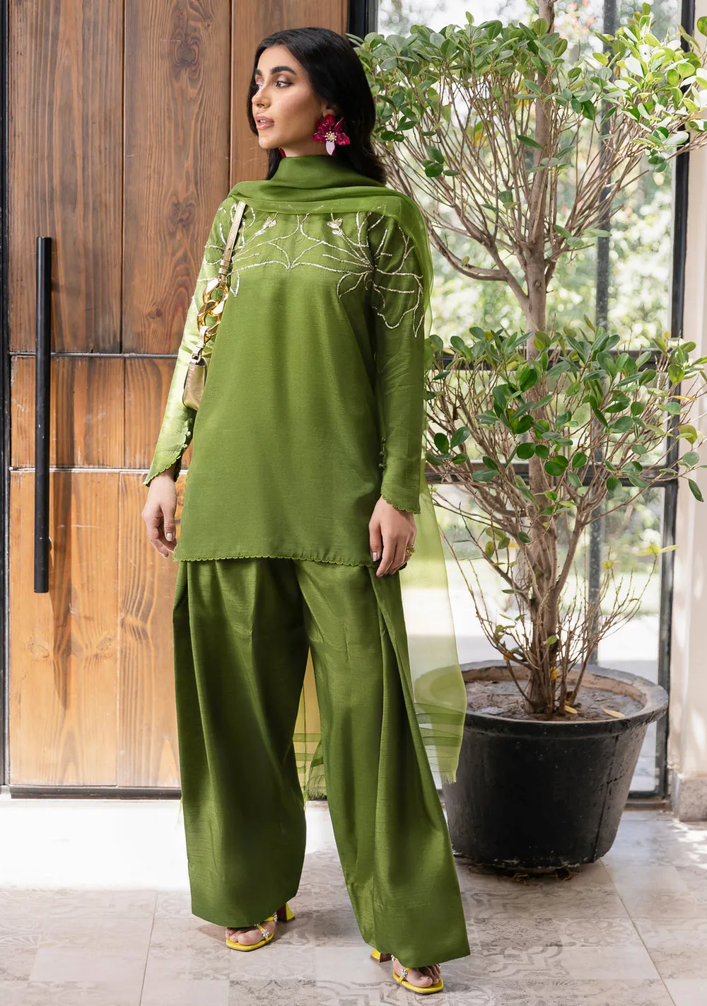 Eid Olive Silk Shalwar Kameez with gold pitta floral motif on bamber raw silk by Hammad Bespoke Official for 2026.