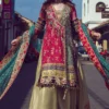 Pakistani mehndi lehenga — crimson Angharka, gold Sharara, teal dupatta, hand-embroidered by HBO Master Artisan