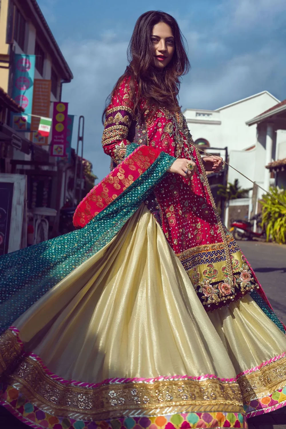Pakistani mehndi lehenga gold Sharara flare — block-print appliqué hem, Gota Kinari border, HBO Atelier