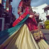 Pakistani mehndi lehenga gold Sharara flare — block-print appliqué hem, Gota Kinari border, HBO Atelier