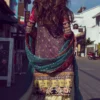 Pakistani mehndi lehenga back view — teal dupatta with scalloped border, Resham rosette hemline, HBO Multan
