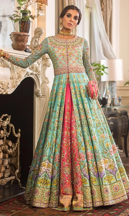 aqua-teal-open-front-anarkali-bridal-lehenga-resham-zardozi-floral-embellishment-pakistani-wedding-hammad-bespoke-official.webp Pakistani wedding dress for bride open-front anarkali Zardozi Resham floral bespoke Hammad Bespoke Official