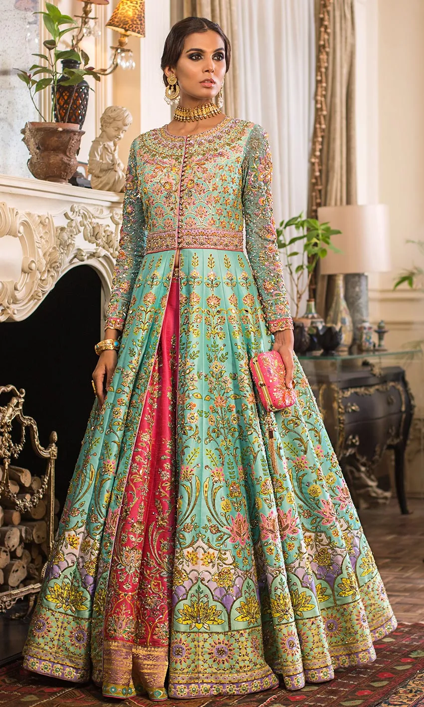 Pakistani wedding dress open-front anarkali over lehenga Resham embroidery Hammad Bespoke Official Multan Atelier