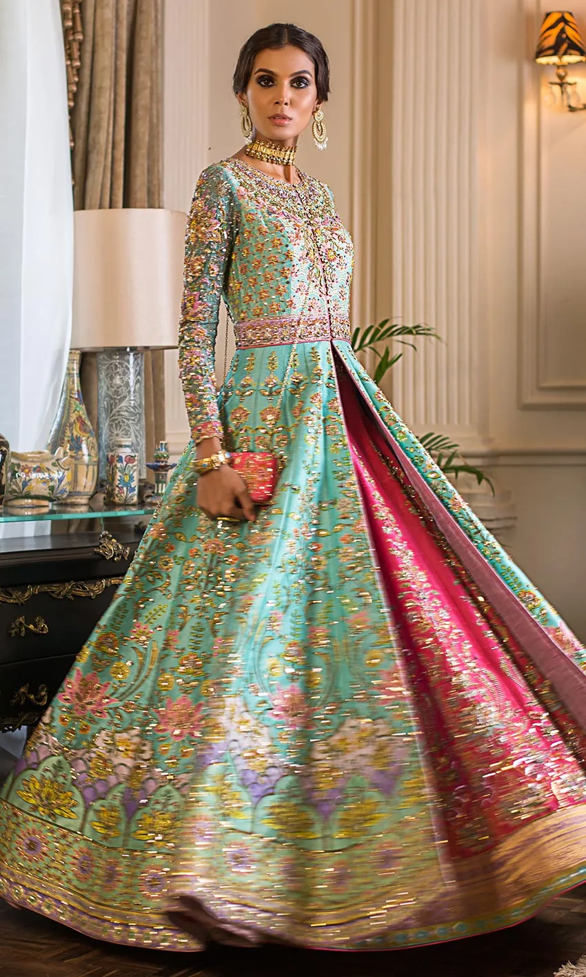 open-front anarkali bridal lehenga Resham Zardozi floral embellishment Pakistani wedding Hammad Bespoke Official