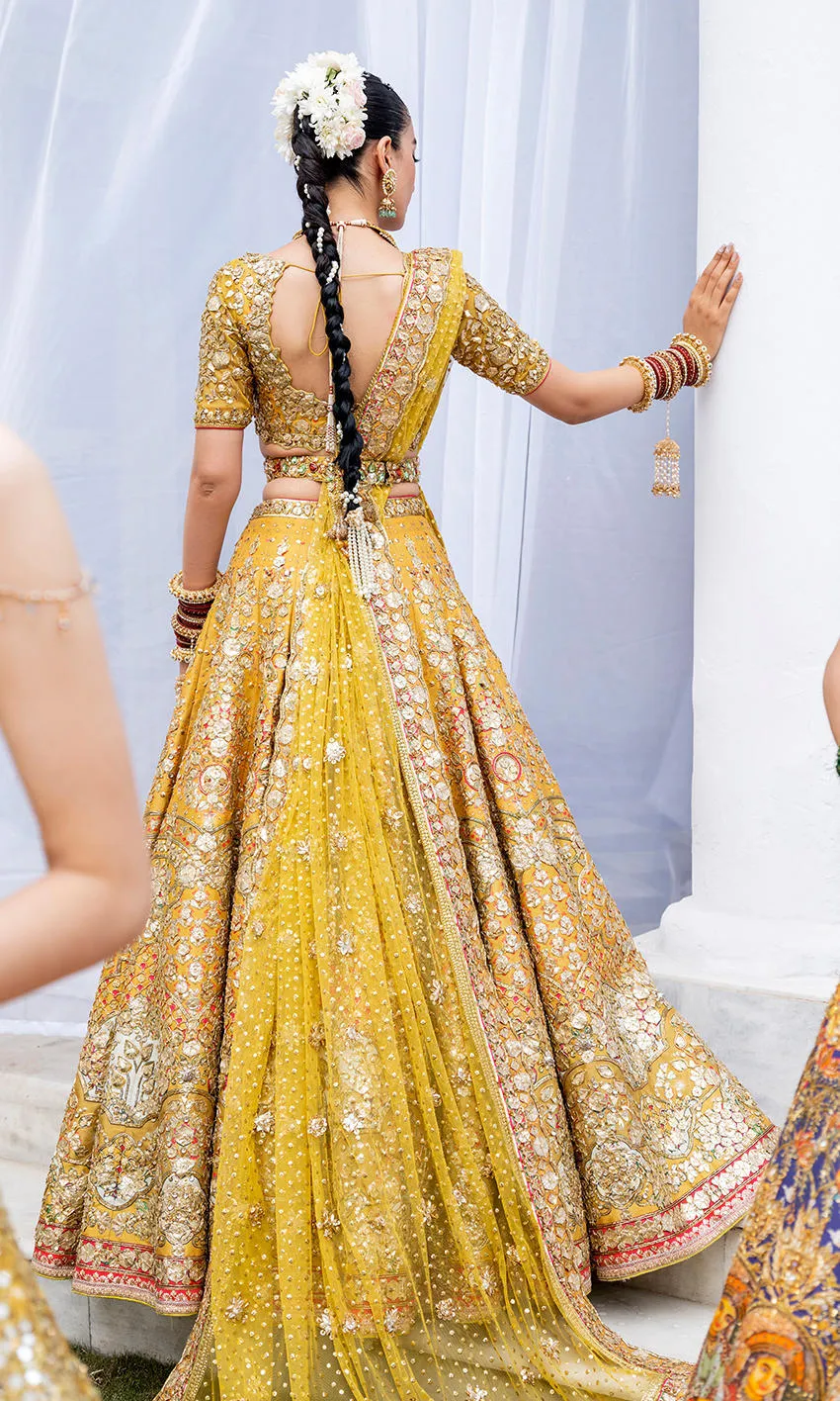 mustard-golden-lehenga-bridal-campaign-full-silhouette-gota-zardozi-hand-embroidered-hammad-bespoke-official.webp golden lehenga bridal open back choli Gota scatter skirt sweep Master Artisan Hammad Bespoke Official