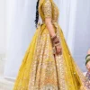 mustard-golden-lehenga-bridal-campaign-full-silhouette-gota-zardozi-hand-embroidered-hammad-bespoke-official.webp yellow bridal lehenga side view full farshi sweep Gota border Resham motifs Hammad Bespoke Official