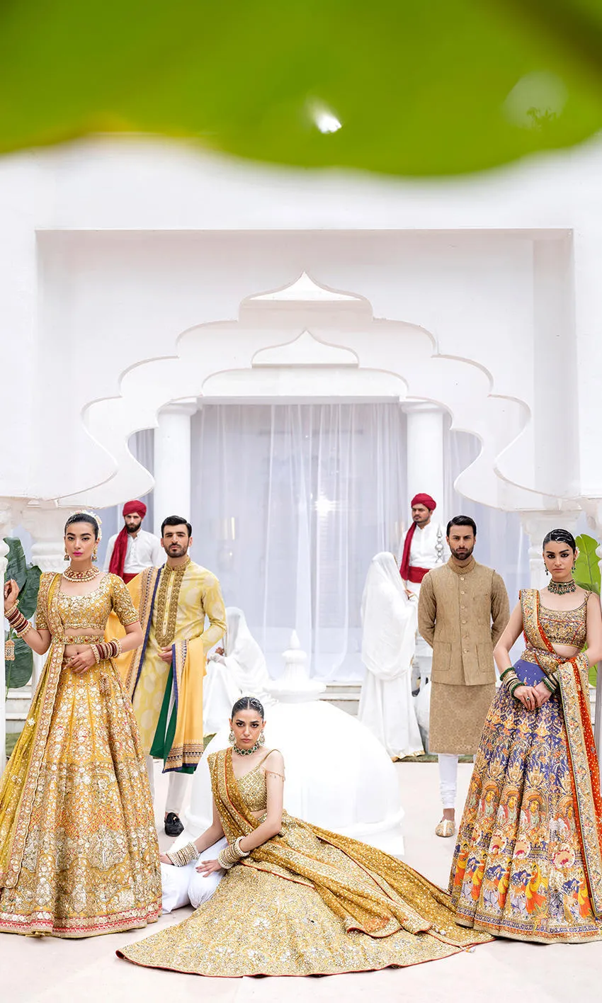 mustard-golden-lehenga-bridal-campaign-full-silhouette-gota-zardozi-hand-embroidered-hammad-bespoke-official.webp yellow bridal lehenga full front mustard silk Gota Zardozi Resham heavy embroidery Hammad Bespoke Official