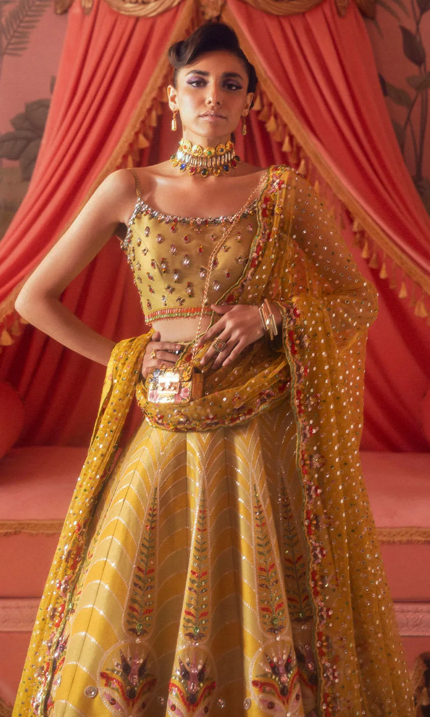 mustard yellow lehenga raw silk full skirt dupatta barat bride Hammad Bespoke Official